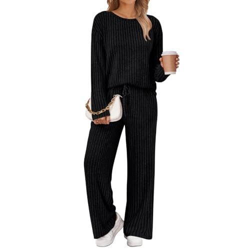 LILLUSORY Womens Lounge Sets 2 Piece Matching Pajamas Fall Fashion 2026 Ribbed Knit Outfits Long Sleeve Casual Sweatsuits