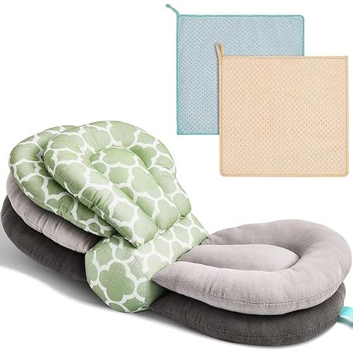 Tatuo Adjustable Nursing Pillows for Breastfeeding Mom Support Multiple Angle Altering Layers Baby Feeding Pillow with 2 Pcs Absorbent Coral Fleece Baby Washcloths for Newborn Infant Toddlers