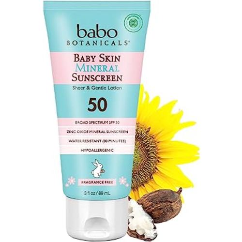 Babo Botanicals Baby Skin Mineral Sunscreen Lotion SPF 50 Broad Spectrum - with 100% Zinc Oxide Active – Fragrance-Free, Water-Resistant, Ultra-Sheer & Lightweight - 3 fl. oz.