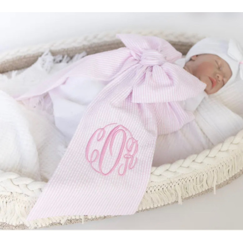 Monogrammed Newborn Infant Baby Seersucker Bow Sash Blanket, Maternity Photography Prop, Monogrammed Newborn Wrap, Baby Photo Prop, Big Bow