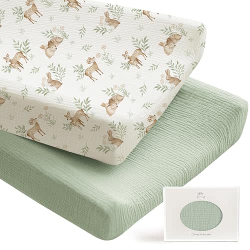 Konssy 2 Pack Muslin Changing Pad Covers for Boys, Ultra Soft & Breathable Cotton Baby Diaper Changing Table Covers, Neutral Nursery Diaper Changing Pad Sheets (Woodland,Sage)