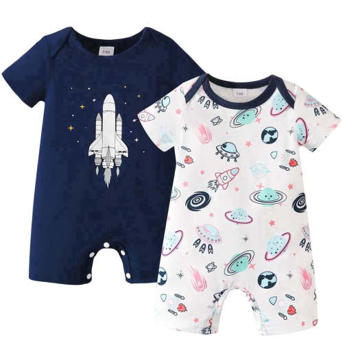 KIMI BEAR Newborn Baby Boys Romper 0-3 Months Summer Clothing 2 Packs Short Sleeves Bodysuit Rockets Print One Piece Jumpsuits Clothes Multicolor