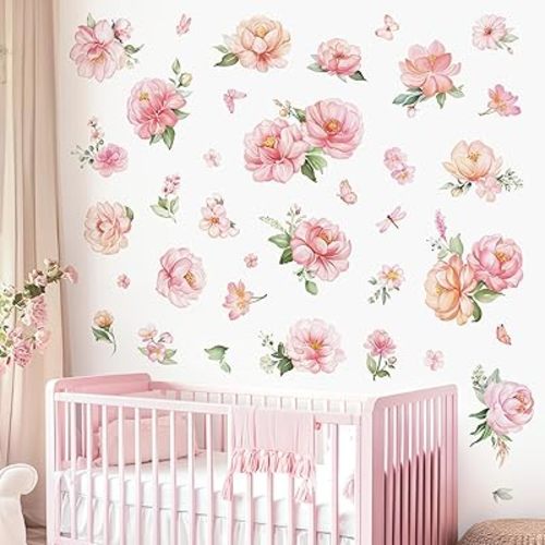 decalmile Pink Peony Flower Wall Stickers Watercolor Floral Wall Decals Baby Nursery Girls Bedroom Living Room Wall Decor