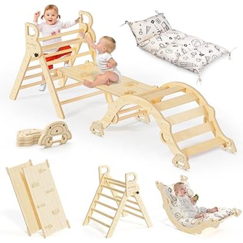 BlueWood Pikler Triangle Set with Cushion, 8-in-1 Climbing Toys for Toddlers, Montessori Philosophy Play Jungle Gym with Arch, Ramp, Ladder(Natural Wood)