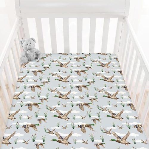 HawSkgFub Duck Hunting Mallard Hunter Fitted Standard Crib Sheet for Baby Boy, Wild Animal Bird Reeds Blue Toddler Mattress Cover, Soft Breathable Stretchy Nursery Bed Sheets Decor Kids Gift 52" x 28"