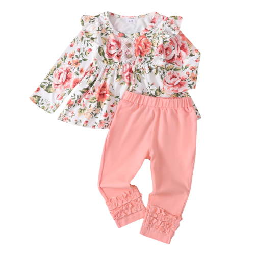 12 Months Baby Girls Clothes 18 Months Girls 2PCS Fall Winter Outfits Set Flower Print Toddler Girls Long Sleeve Top Pants Set Pink