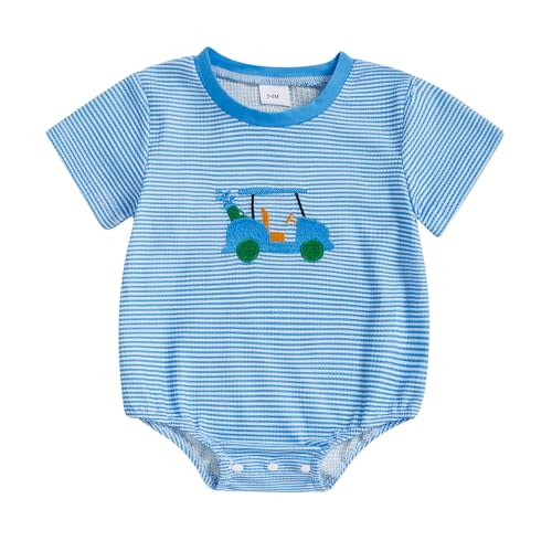 Baby Boy Golf Baseball Outfit Golf Cart/Baseball Embroidery Short Sleeve Bubble Romper Onesie Cute Summer Clothes