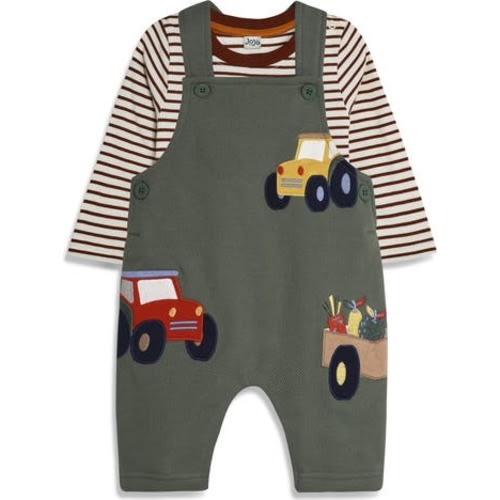 Stripe Long Sleeve Cotton T-Shirt & Tractor Appliqué Overalls Set, 6-12M
