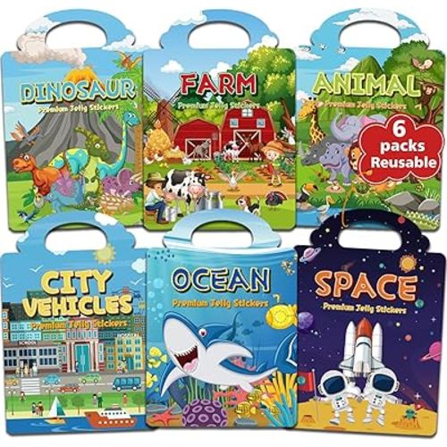 6 Sets Reusable Sticker Book for Toddlers 3-6, Jelly Sticker Books for Toddler, Travel Sticker Activity Toys for Kids 3 4 5 6 Years Old Girls & Boys