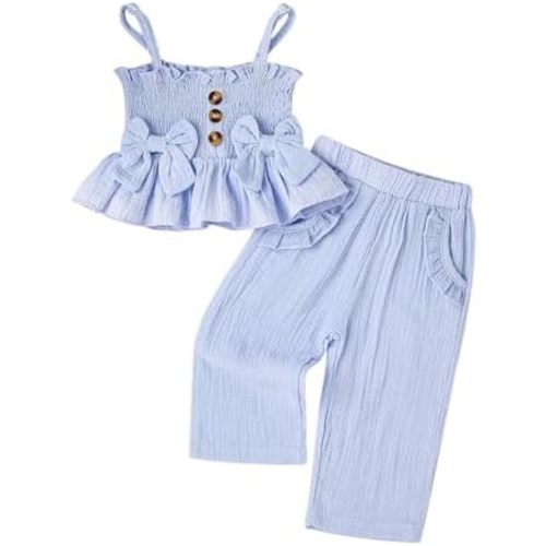 Toddler Baby Girl Clothes Summer Outfits Cute Bow Button Ruffle Camisole Pants Set 9-36 Months