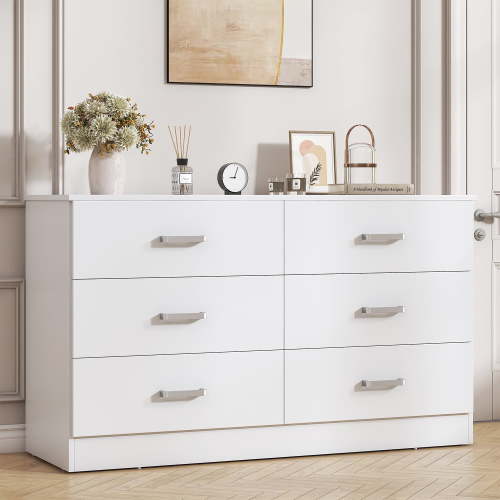 Winkalon 6 Drawer White Double Dresser, Wood Storage Cabinet with Easy Pull Out Handles for Living Room,Chest of Drawers for Bedroom