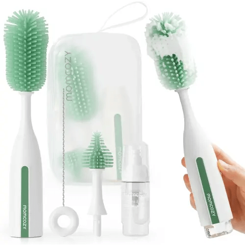 Momcozy Bottle Brush Kit Pro, Innovative Push-Press Design for Deep Cleaning - Bottle Cleaner Brush for Bottle/Breast Pumps/Nipple - Clog-Free Brush & Foam-Generating Design for Better Cleaning, Green