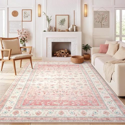LIVEBOX Light Pink Bedroom Rugs 6x9, Nursery Rug for Baby Girl, Cute Boho Floral Area Rug for Living Room, Soft Washable Carpet for Nursery
