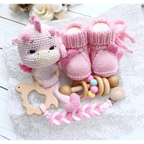 Pink Dragon baby shower Girl gift Plushie dragon rattle toy & booties set Gift box for pregnant friend Newborn girl gift Welcome baby basket