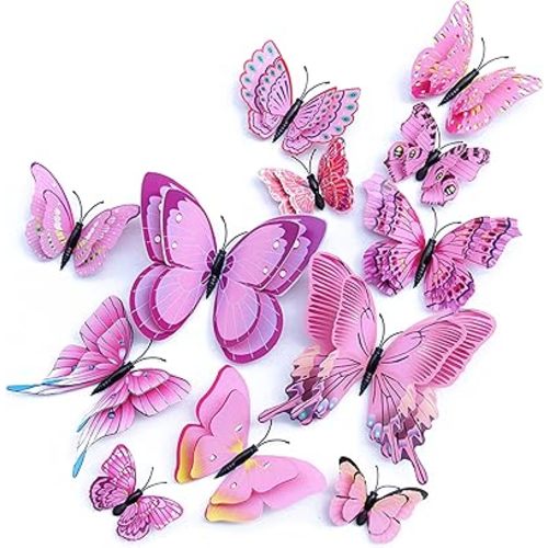 Butterfly Wall Decor 24/48 PCS, 3D Butterflies Stickers for Party Decorations with Magnets(Pink, 24)