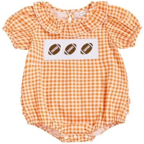 Newborn Baby Girl Football Outfit Smocked Bubble Romper Rugby Short Sleeve Plaid Bodysuit Infant Summer Clothes
