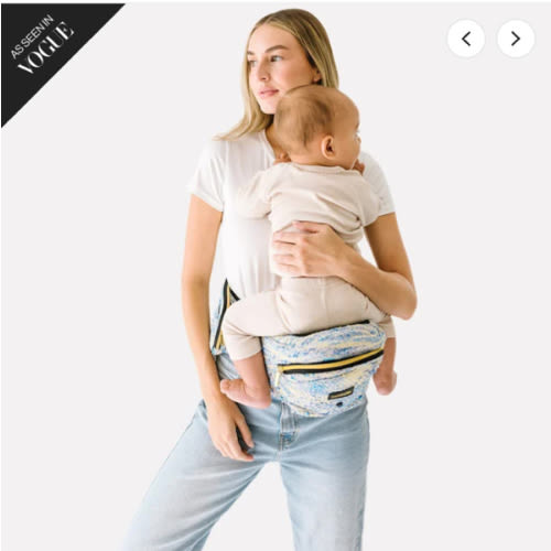The Tushbaby Hip Carrier in blue tweed. (On sale)