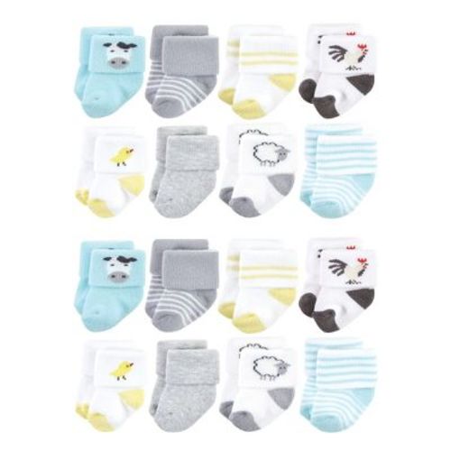 Hudson Baby Cotton Rich Baby Terry Socks 16-Pack, Farm, 0-6 Months