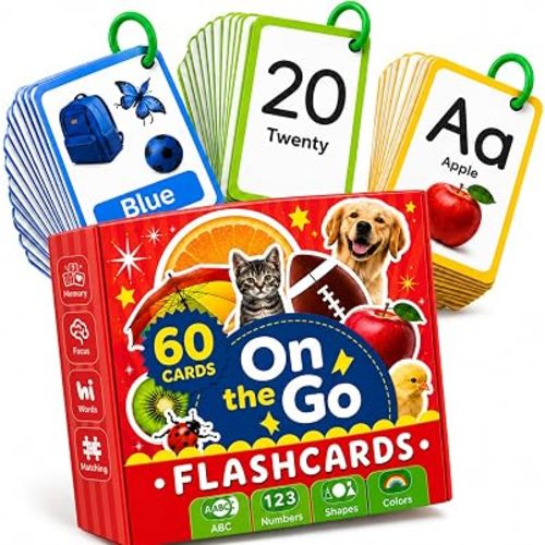 ToyVentive On the Go Flashcards for Toddlers, 60 Double-Sided Cards with 3 Rings, ABC Alphabet, Numbers, Shapes & Colors, Portable Learning Toy for Kids Ages 2-4