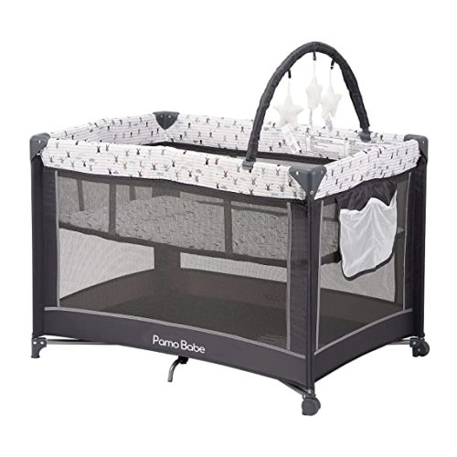 Pamo Babe Portable Playard,Sturdy Play Yard with Padded Mat and Toy bar with Soft Toys