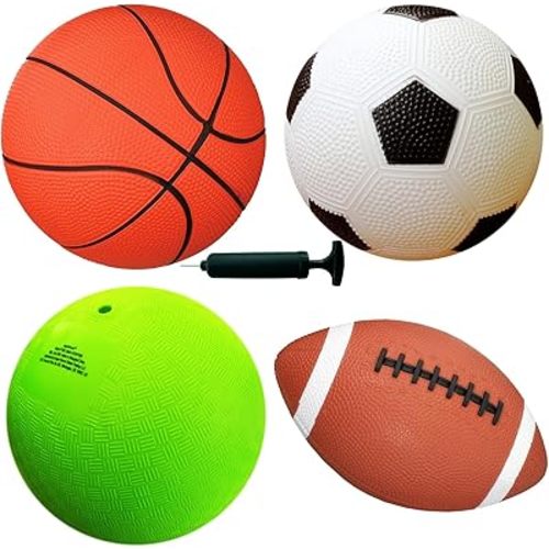 AppleRound 4-Pack Sports Balls for Toddlers & Kids with Pump – 5-Inch Soccer Ball, Basketball, Playground Ball & 6.5-Inch Football – Soft Small Balls for Indoor/Outdoor Play (Ages 2-7)