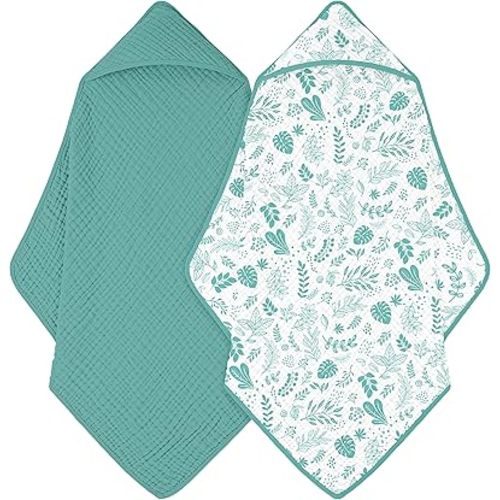 Baby Bath Towels, 100% Muslin Cotton Hooded Baby Towels for Newborn, 2 Pack Baby Towels with Hood for Infant Toddler and Kids, Large 32x32Inch, Soft and Absorbent