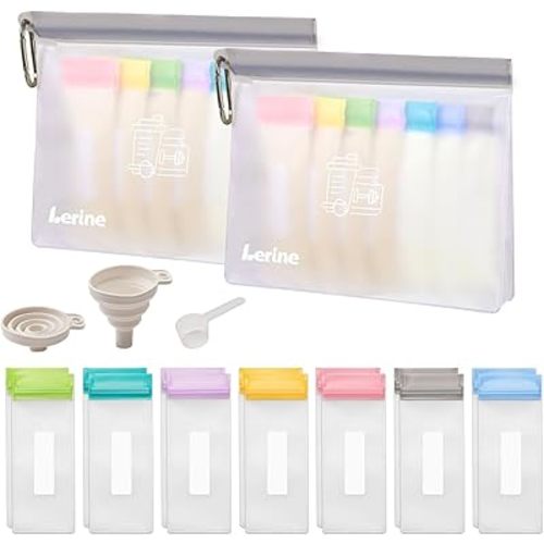 Lerine Reusable Protein Powder Container To Go, Protein Powder Travel Container Set, 14Pcs Single Dose Bags & 2Pcs Large Zip Bags, Portable Supplement Storage Containers with Funnel, Spoon