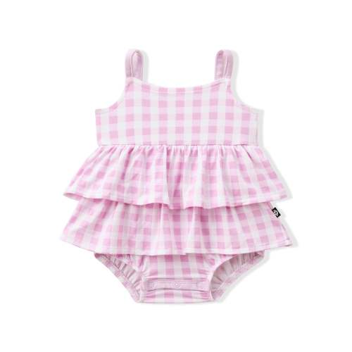 Spaghetti Strap Ruffle Romper in Gingham Thistle