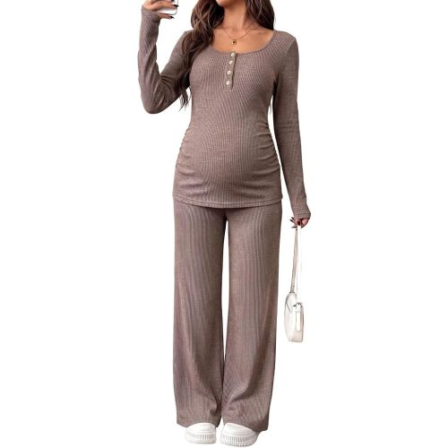 BLENCOT Maternity Clothes Ribbed Knit Long Sleeve Sets Casual 2 Piece Button Down Nursing Matching Outfits Set