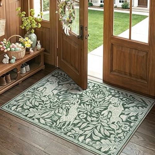Lahome Nadine Rabbit Entryway Rug 3x5, Soft Animal Washable Area Rug for Bedroom Nursery, Vintage Forest Woodland Print Sage Green Door Mat, Non Slip Stain Resistant Bunny Throw Carpet for Bathroom