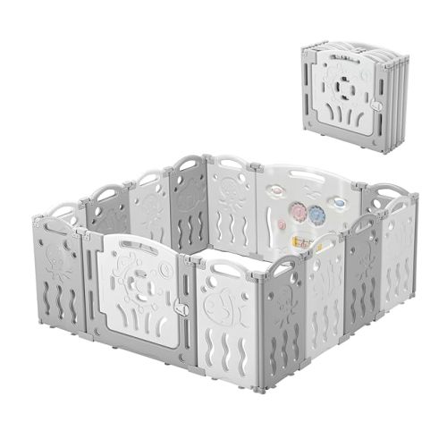 Albott Baby Playpen, Upgraded 14 Panels Foldable Baby Fence with Game Panel and Safety Gate, Adjustable Shape, Portable Play Yards for Children Toddlers Indoors or Outdoors (White+Grey,14 Panel)