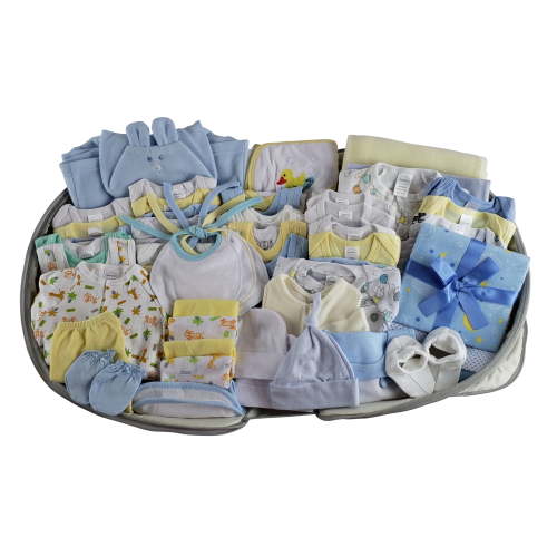 62 pc Baby Boys Clothing Starter Set with All-in-one Portable Bassinet Foldable Baby Bed, Travel Crib Infant and Diaper Bag Changing Station