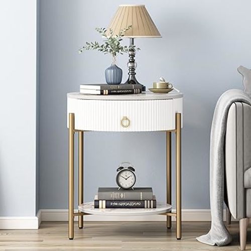 OIOG Modern End Table with Storage Drawer, Round 2-Tier Nightstand with Shelf, Gold Side Table with Metal Legs for Living Room, Bedroom, Office, Marbling Natural Stone/Gold