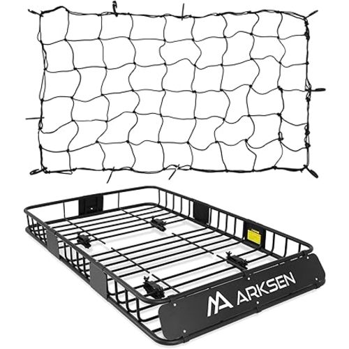 ARKSEN 64 x 39 x 6 Inch Universal 150LB Heavy Duty Roof Rack Cargo with Cargo Net, Car Top Luggage Holder Carrier Basket with Extension for SUV, Truck or RV Camping Storage Steel Construction