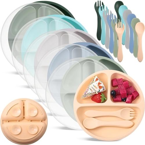 Meanplan 6 Pack Suction Plates for Toddlers with Lids Silicone Baby Plates set Food Grade Silicone Divided Design BPA Free Microwave and Dishwasher Safe Assorted Colors(Elegant Colors)