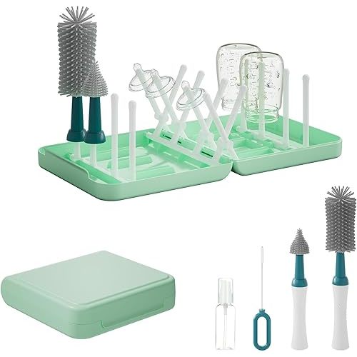 Portable Baby Bottle Brush Set with Multiple Brushes,Soap Dispenser, Foldable Bottle Drying Rack for 16 Bottles, Bottle Cleaner Brush Set for Bottles and Baby Accessories, Baby Travel Essential