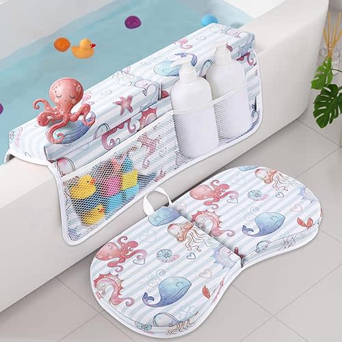 Bath Kneeler and Elbow Rest Pad Set, Jellyfish Design 1.5" Thick Comfortable Kneeling Cushion with Organizer Pockets - Quick Drying, Foldable, Non-Slip for Bathing Time(Jellyfish)
