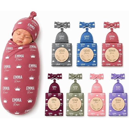 Personalized Baby Swaddle Blanket with Name – Custom Crown Name Blanket Set with Hat and Bow Headband – Newborn Baby Girl Boy Gift for Baby Shower Hospital Photos (Multicolor Swaddle)