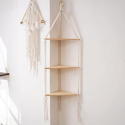 Hanging Shelf with Natural Wood, 3-Tier Rope Shelf | Handmade Boho Wall Decor for Floating Display, Ideal for Plants, Photos & Storage in Bathroom, Bedroom, Living Room & Nursery