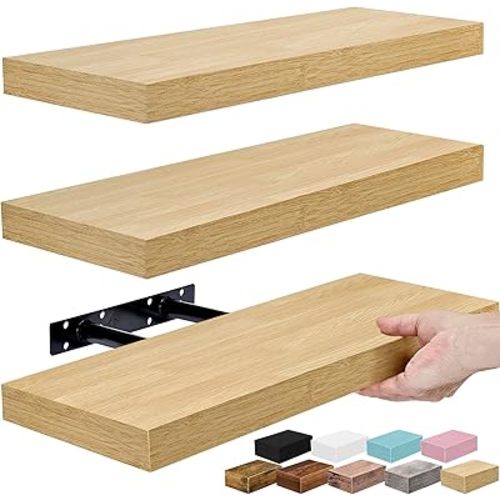 Sorbus Floating Shelves for Wall – 16 Inch Floating Shelf for Kitchen, Bedroom, Living Room, Bathroom, Home & Wall Decor - Mounted Bathroom Shelves with Invisible Brackets (Maple Wood, 3 Pack)