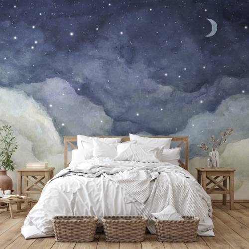Starry Night Sky Watercolor Mural - Crescent Moon Wallpaper