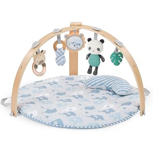 Ingenuity Cozy Spot Reversible Duvet Baby Play Gym & Play Mat with Wooden Toy bar - Elephant March (Neutral Safari), Newborn and up
