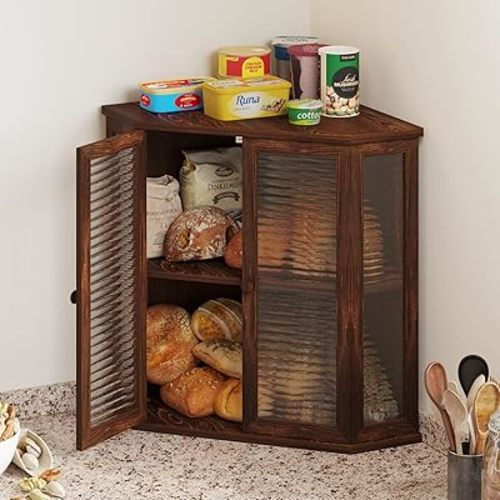 Extra Large Corner Bread Box for Kitchen Countertop, 16.5 Inch Charred Pine 2-Tier Breadbox with Glass Wavy Door Panel, Vintage Farmhouse Style Wood Design