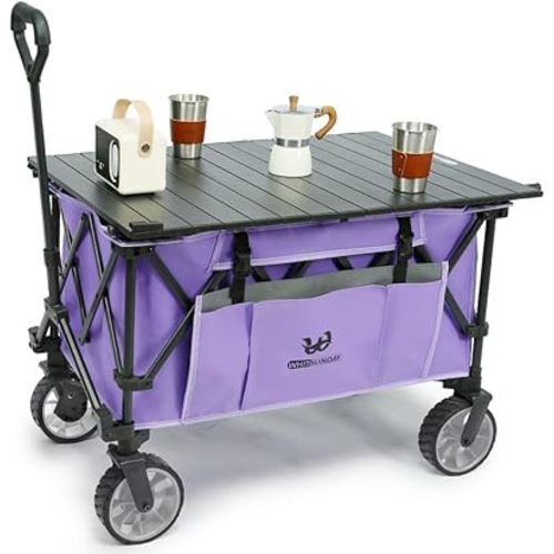 Whitsunday Folding Collapsible Utility Wagon, 400Lbs Heavy Duty Outdoor Park Beach Wagon with Table and Side Pocket for Garden Camping Sports Shopping Purple