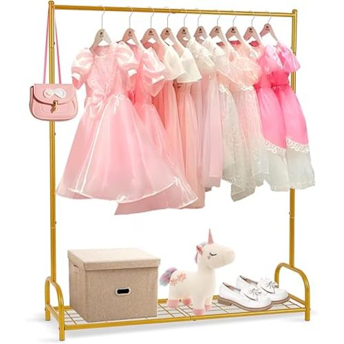 AUPSEN Kids Clothing Rack with Bottom Storage Shelf, Metal Toddler Dress Up Rack for Little Girls, Kids Dress Up Clothes Storage for Coats, Skirts, Dance Costume（Gold）