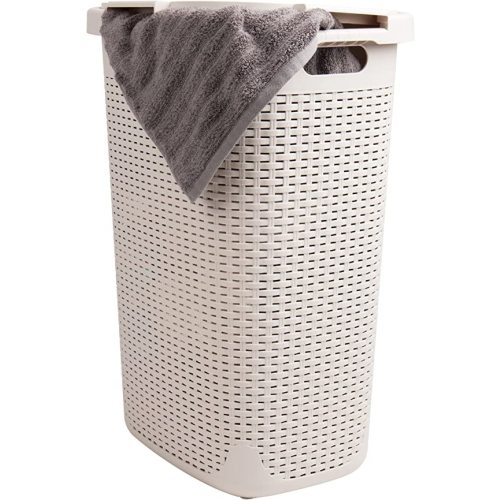 Mind Reader Slim Laundry Hamper with Lid, 60L Clothes Basket, Premium Wicker Design, Plastic, Ivory