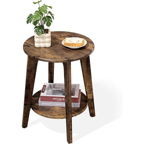 Small Round Side Table Wooden End Table with Lower Shelf, Retro Brown