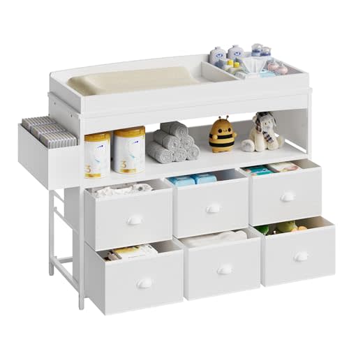 Baby Changing Table with Storage, Changing Table Dresser, Diaper Changer Crib Sleeper Fabric Drawers, Storage Dividers, Diapers Bags for Nursery Modern (6 Drawers/White)