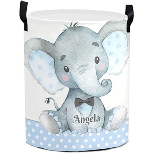 Personalized Custom Elephant Blue Dots Laundry Baskets with Name Waterproof Laundry Hampers Storage Baskets with Handles for Baby Boys Girls Gift