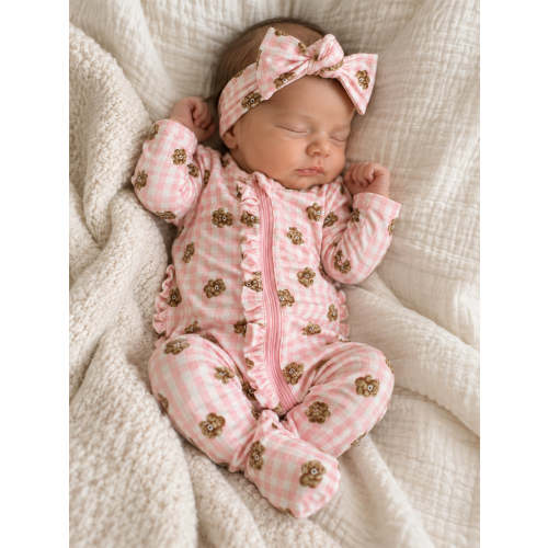 2-Way Zip Ruffle Footie, Pink Teddy Picnic